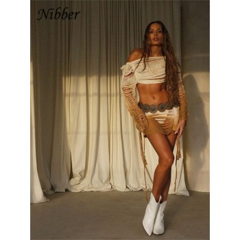 Nibber Knit Hollowed-out Two Piece Set Women Gradient See-through Backless Long Sleeve Cropped top +Low Waist Fringed Skirt Suit